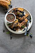 Blueberry French toast with chocolate sauce