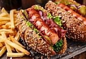Barbecue grilled hot dog with french fries
