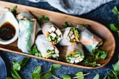 Grilled asparagus tofu spring rolls with ginger-lime dipping sauce