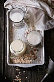 Set of non-dairy milk (rice milk, almond milk and oat milk) in glass cups and jug on old aluminum tray