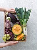 Hände halten eine Holzkiste mit frischem Obst und Gemüse
