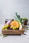 An arrangement of vegetables and fruit