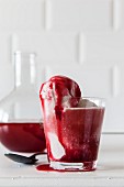 Coconut and vanilla ice cream with hibiscus syrup