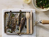 Grilled sardines with spinach, sultanas and sherry