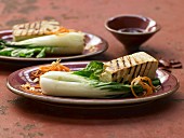 Grilled marinated tofu with steamed baby pak choi