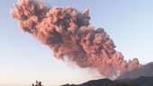 Volcanic ash cloud in sky in sunlight, Sakurajima
