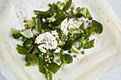 Soft goat's cheese with green vegetables baked in paper (low calorie)