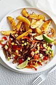 Veal stir-fry with potato wedges (Mexico)