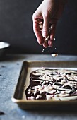 All-natural dark chocolate peppermint bark with cacao nibs and flaky salt