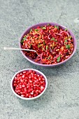 Red lentils salad with beetroots, pomegranate and mint
