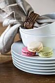 Macarons on a stack of plates