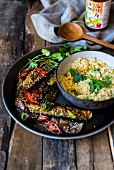 Baked miso and mirin aubergines with rice