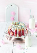 Raspberry marble gugelhupf with marshmallows for a birthday party