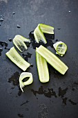 Cucumber strips with water droplets