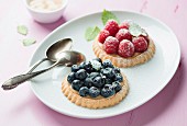 Tartlets with fresh raspberries and blueberries