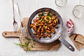 Roasted wild mushrooms in pan on white textured background