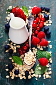 Gesundes Frühstück: Haferflocken, frische Beeren und Milch