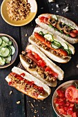 Assortment of homemade hot dogs with sausage, fried onion, tomatoes and cucumber