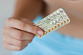 Woman holding contraceptive pills