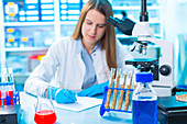 Young woman in food quality control laboratory