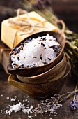 Spa salt, lavender and soaps (spa and body care background)