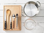 Kitchen utensils for making red mullet in vegetable soup