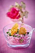 Beetroot risotto with peas and Parmesan crisps