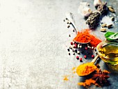 Herbs and spices selection on vintage background