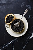 Sturgeon black caviar in can and sandwich on black marble background