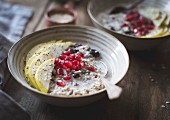 Seeded oatmeal (hemp, flax, chia, sunflower seed) with pear and pomegranate