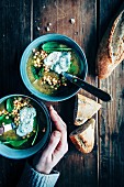 lentill soup, green and red lentills, greek yoghurt, spinach, bread