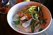 Coconut poached bass (coconut broth, pineapple, vietnamese mint)