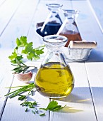 Olive oil and balsamic vinegar with herbs