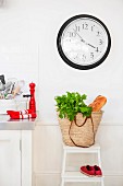 Parsley and bread in bag below clock in kitchen