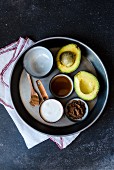 Ingredients for vegan chocolate mousse with avocado