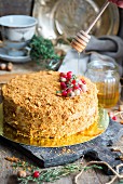 Honey cake with hazelnuts and redcurrants