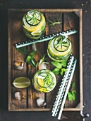 Citrus and herbs infused sassi water for detox, healthy eating, dieting in glass bottles in wooden tray