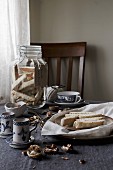 Biscotti biscuits and tea, table setting