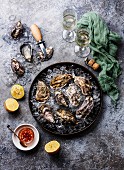 Oysters in plate with spicy sauce and champagne on stone texture background