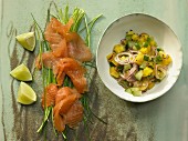 Smoked salmon with a cucumber and mango salad