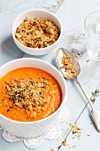 Tomato soup topped with herb breadcrumbs