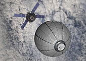 CEV approaching inflatable space habitat, illustration