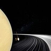 Cassini orbiter crossing Saturn's rings, illustration