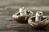 Zwei Portobello-Pilze auf Holzuntergurnd