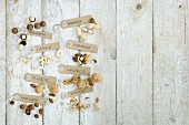 Verschiedene Nüsse mit Schildchen beschriftet auf Holzuntergrund (Aufsicht)