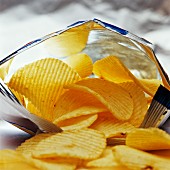 Ribbed potato chips packaged in a foil bag