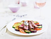 Tagliata with grilled vegetables and lavender