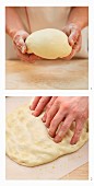 Focaccia (Italian flat bread) being kneaded and shaped