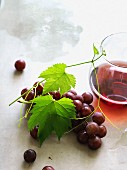 Red grapes with vine leaves and a glass of red wine