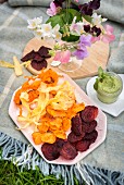 Vegetable crisps with lemon and watercress houmous for a picnic
